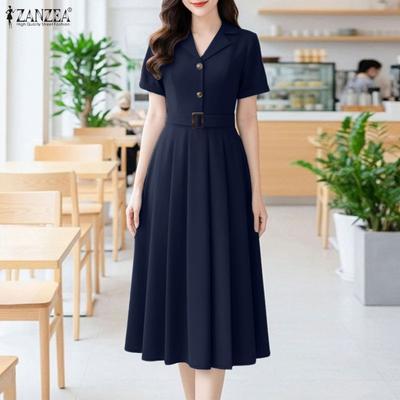 Vestido Casual Elegante para Mujer con Cuello Solapa y Mangas Cortas
