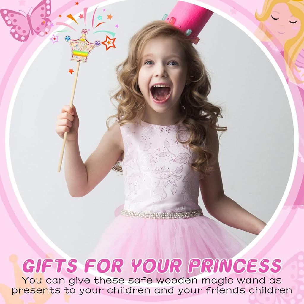 42 Pcs Princess Fairy Wands Kit, Include 36 Pcs Wooden Unfinished Wand DIY Princess Wand with 6 Sheet Colorful Diamond Sticker for Girls Make Your