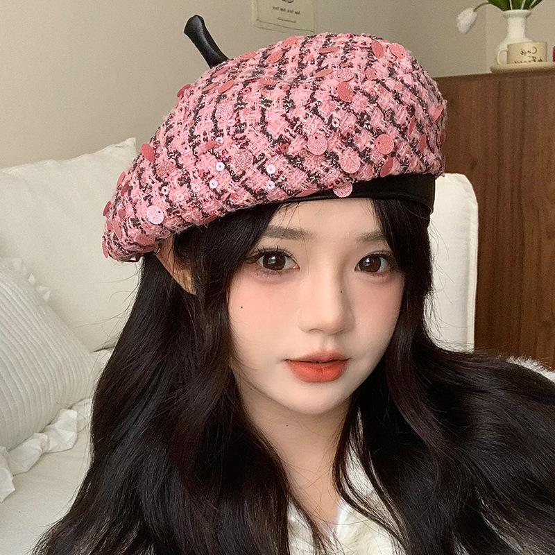 Beret Women's Autumn and Winter Versatile Fashion Sequin Big Head Painter Hat French Casual Sweet Cute Newspaper Hat