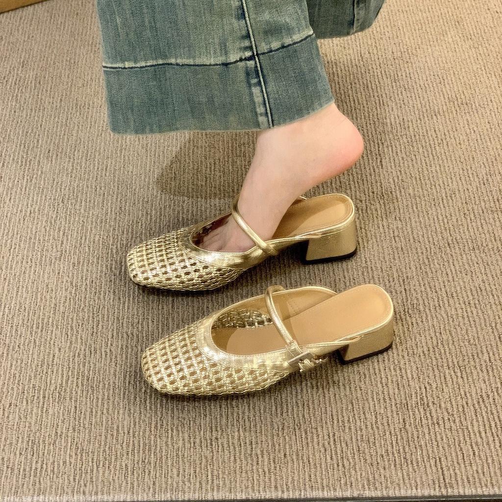 Coarse heel silver mesh hollow bag head half slippers women's shoes wear 2025 summer Mary Jane sandals single shoes