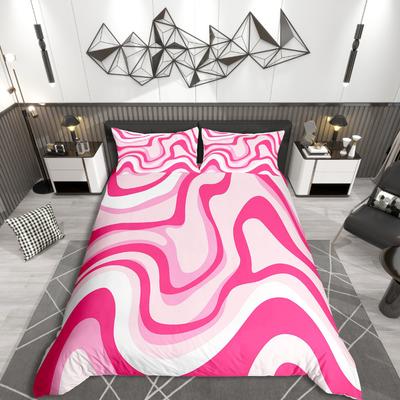 Homewish Modern Geometric Aesthetic Duvet Cover Set,Stripes Lines Comforter Cover Set,Pink White Bed Set For Children