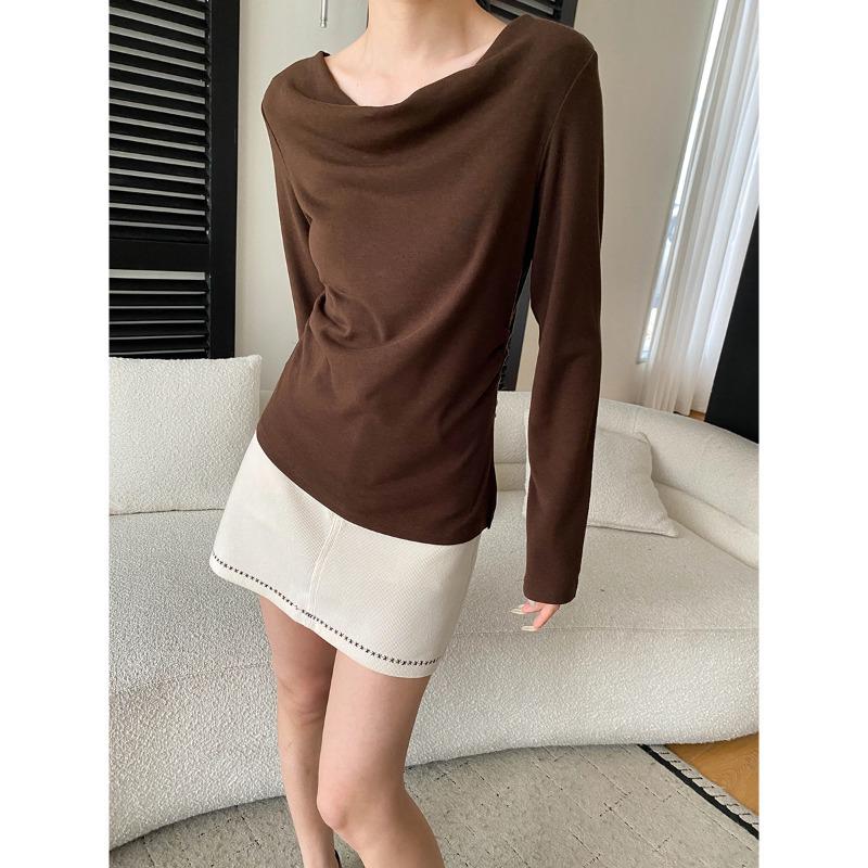 

Sinan French Elegance Swing Collar Slim Fit Waist-Cinched Long Sleeve Shirt SN8568 кавовий