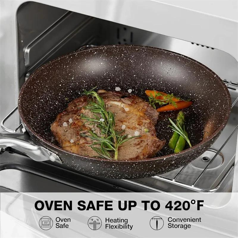 HLAFRG 10/12Inch Frying Pan with Lid Nonstick Pan Marble Skillet with Stone-Derived Coating With Heat-Resistant Handle Oven Safe