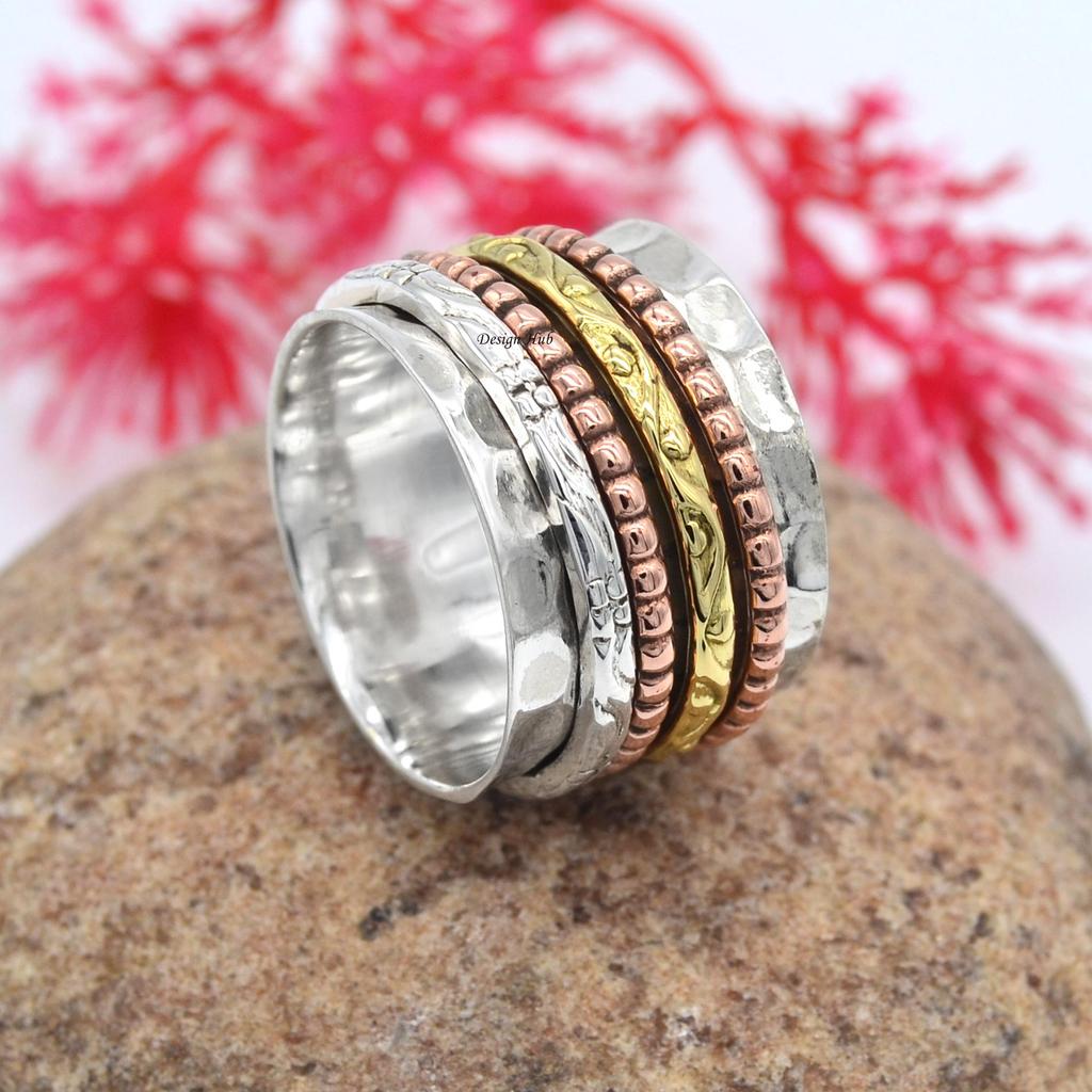 Three Tone Spinner Band Ring Solid 925 Sterling Silver Handmade Jewelry For Xmas Gift
