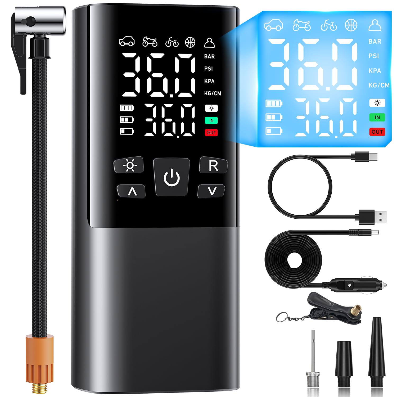 

Электрический велосипедный воздушный насос для мотоциклов и совместимый с и американским Максимальное давление 150 Быстрый Авто 6000 мАч Включает прикуриватель LED и хранение чёрный