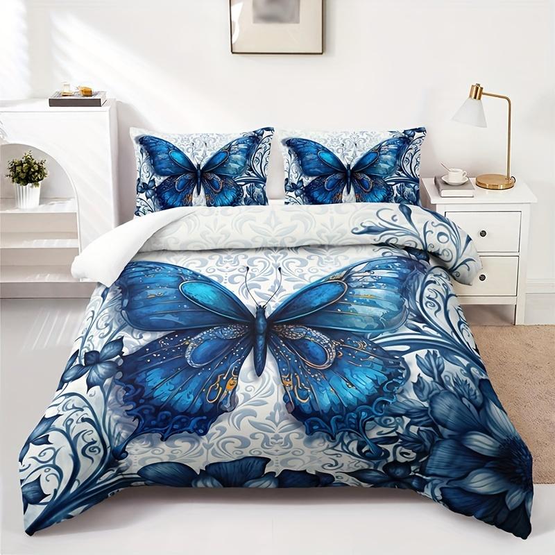 

Fashion Luxury Blue Butterfly Print Duvet Cover Set Soft Comfortable Duvet Cover For Bedroom Guest Room Bedding Set 135X200cm