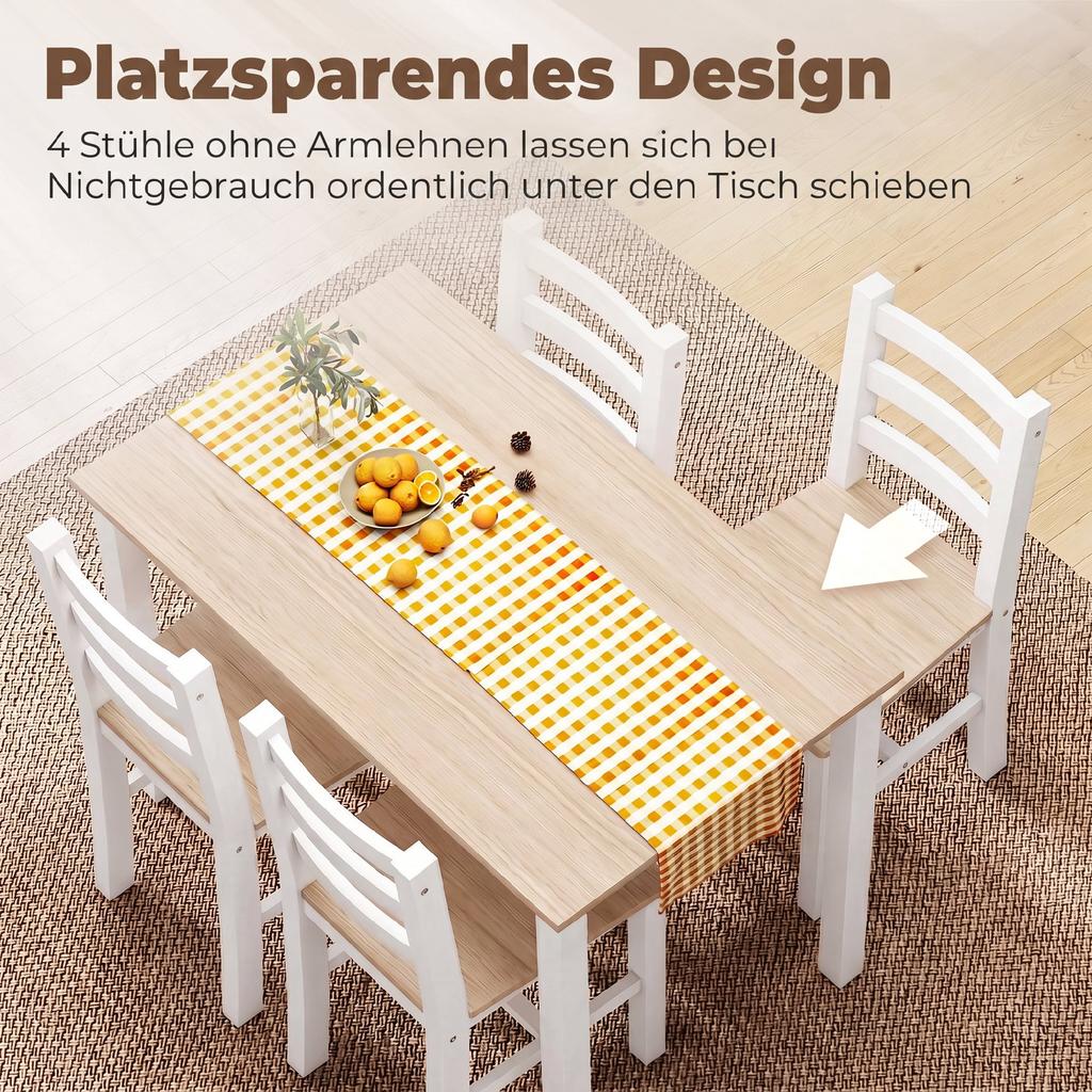 5-Piece Dining Set for 4 People, Country-Style Dining Table and Chairs made of Solid Wood, Natural/White