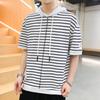 IELGY Halbärmeliges Hemd, gestreift, kurzärmeliges T-Shirt mit Kapuze, lässig, trendig, Kontrastfarbe, lockerer Stoff-Patch für Herren