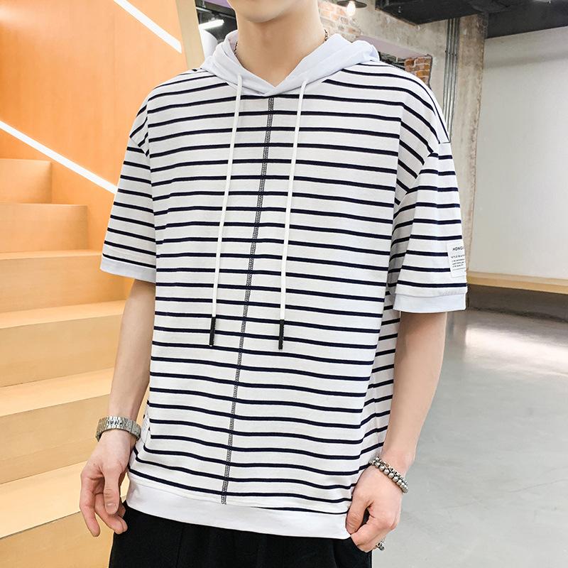 IELGY Halbärmeliges Hemd, gestreift, kurzärmeliges T-Shirt mit Kapuze, lässig, trendig, Kontrastfarbe, lockerer Stoff-Patch für Herren