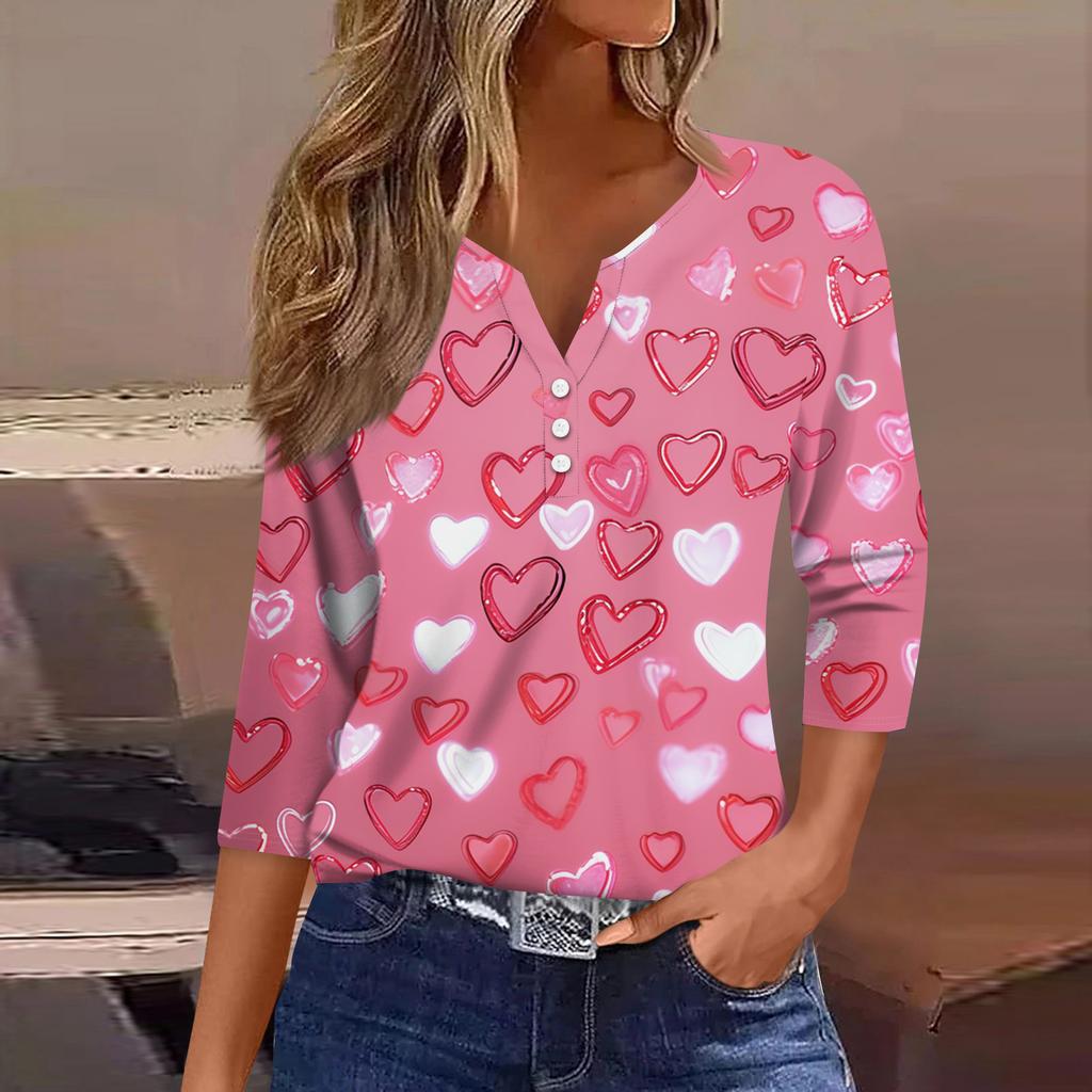 Women's Fashion Button-Up V-Neck Three-Quarter Sleeve Valentine's Day Print Top