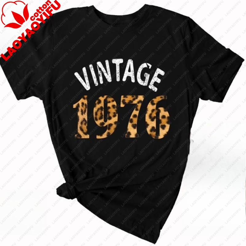 Vintage 1976 Bedrucktes T-Shirt Oberteile 50. Geschenk Geburtstagsshirt Hipster Streetwear Rundhals Lässiger Stil Kurzarm