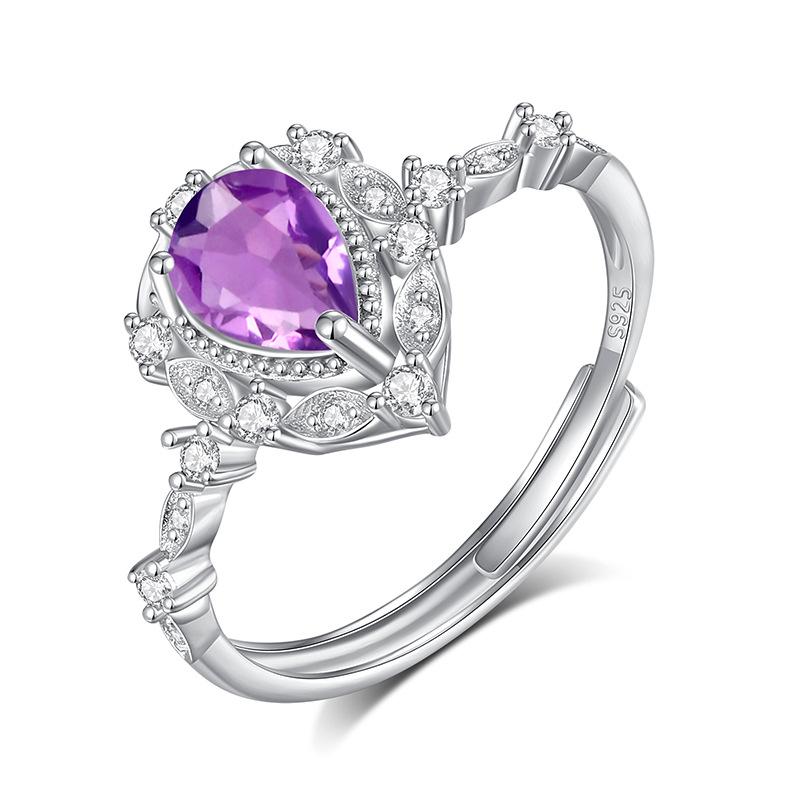 Women's 925 Sterling Silver Amethyst Ring, 5*7mm Pear Cut Natural Purple Crystal Ring, Luxury Gemstone Jewelry for Engagement, Anniversary, Gift