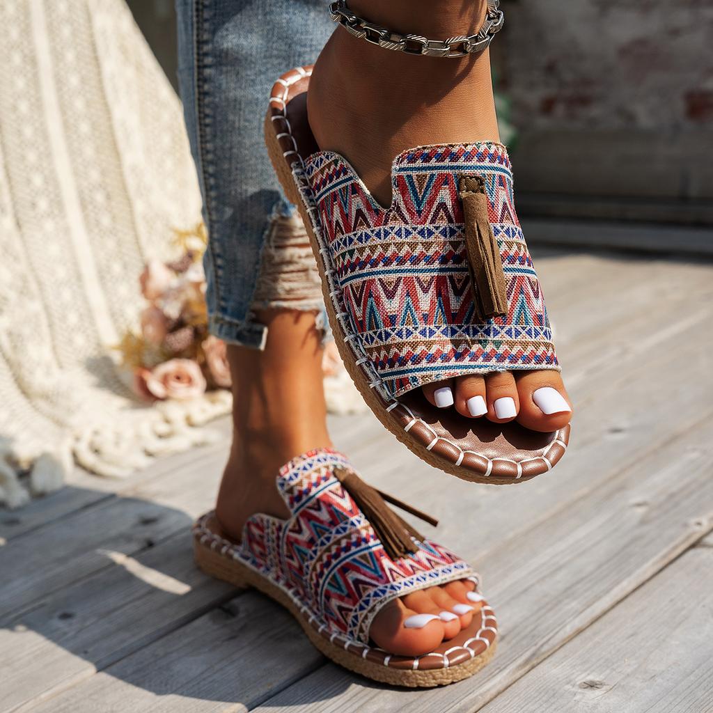 New Women Color Ethnic Style Slippers Summer Round Head Large Size Sandals Casual Beach Non-slip Lightweight Shoes Zapatos Mujer