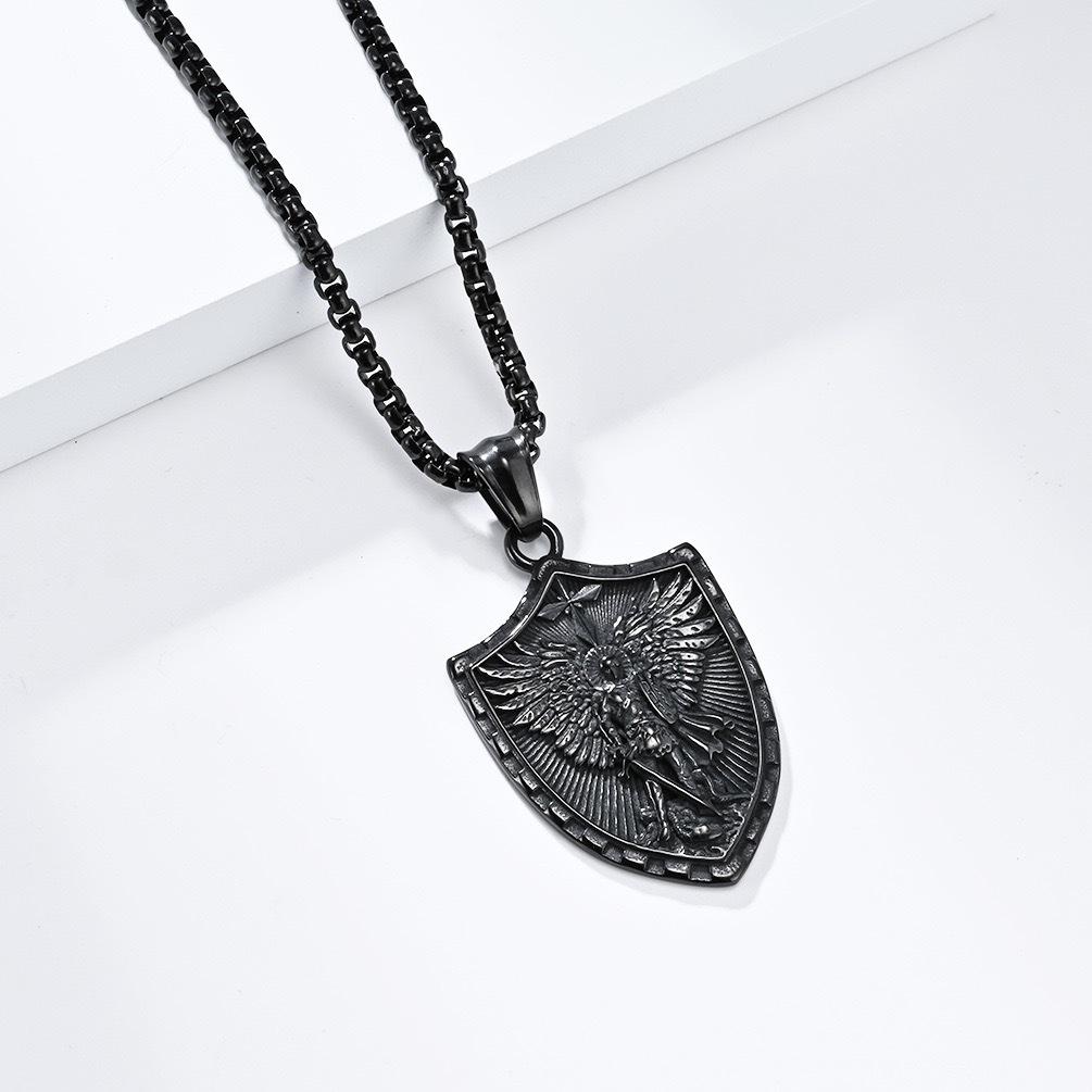 

2026 Sword Holding Warrior Angel Shield Men s Necklace God of War St. Michael Archangel Pendant 60CM