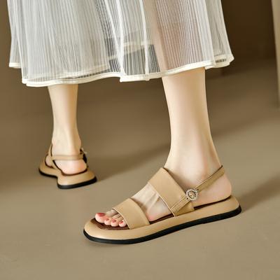 Fashion NEW Summer Women Sandals Split Leather Shoes for Women Square Toe Thick Heel Shoes Csaual Narrow Band Buckle Shoes Flat Sandals