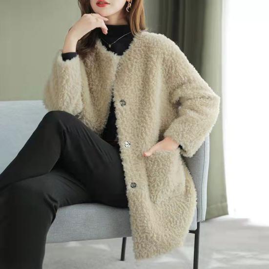 Winter Coat Round Neck Long Sleeve Single Breasted Plush Jacket with Pockets Solid Color Mid-length Imitation Fur Outerwear