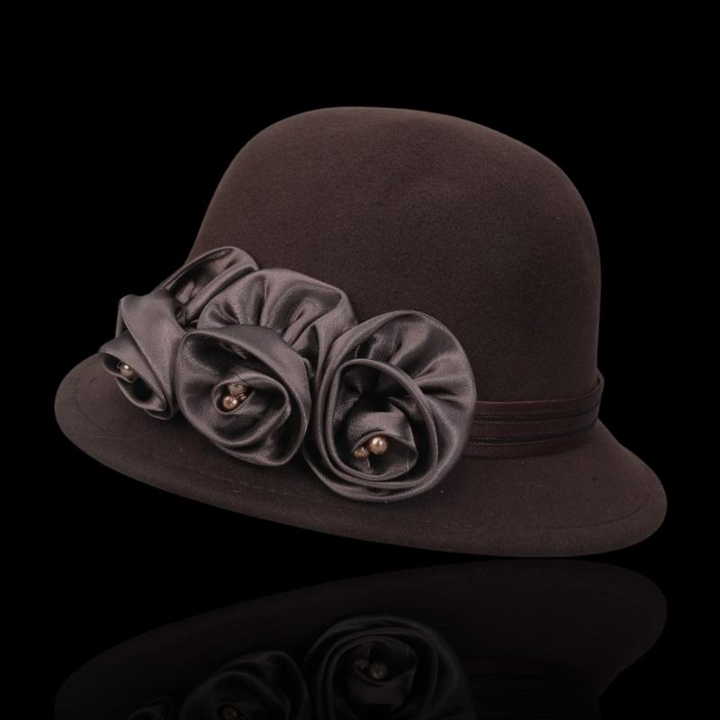 Vintage Silky Flower Hat Winter Warm Dome Hat Women Wool Cloche Hat Headwear