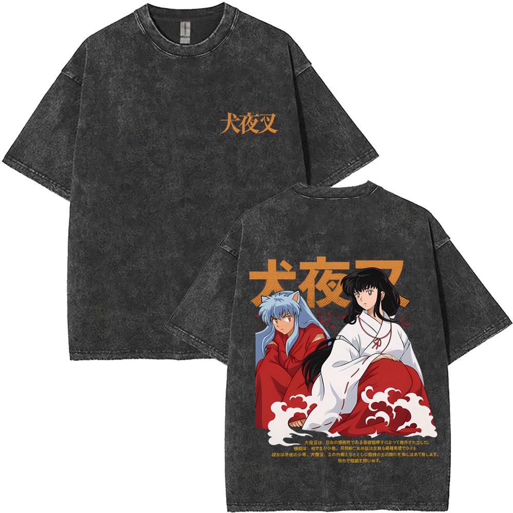Washed Vintage Anime Inuyasha Graphic Print Tshirt Men Women Casual Oversized Cotton T Shirts Mens Retro Cartoon Streetwear