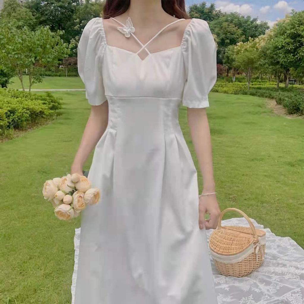 French Forest Style Square Neck White Dress - Waist-Cinching, Slimming, Gentle Summer Fairy Dress