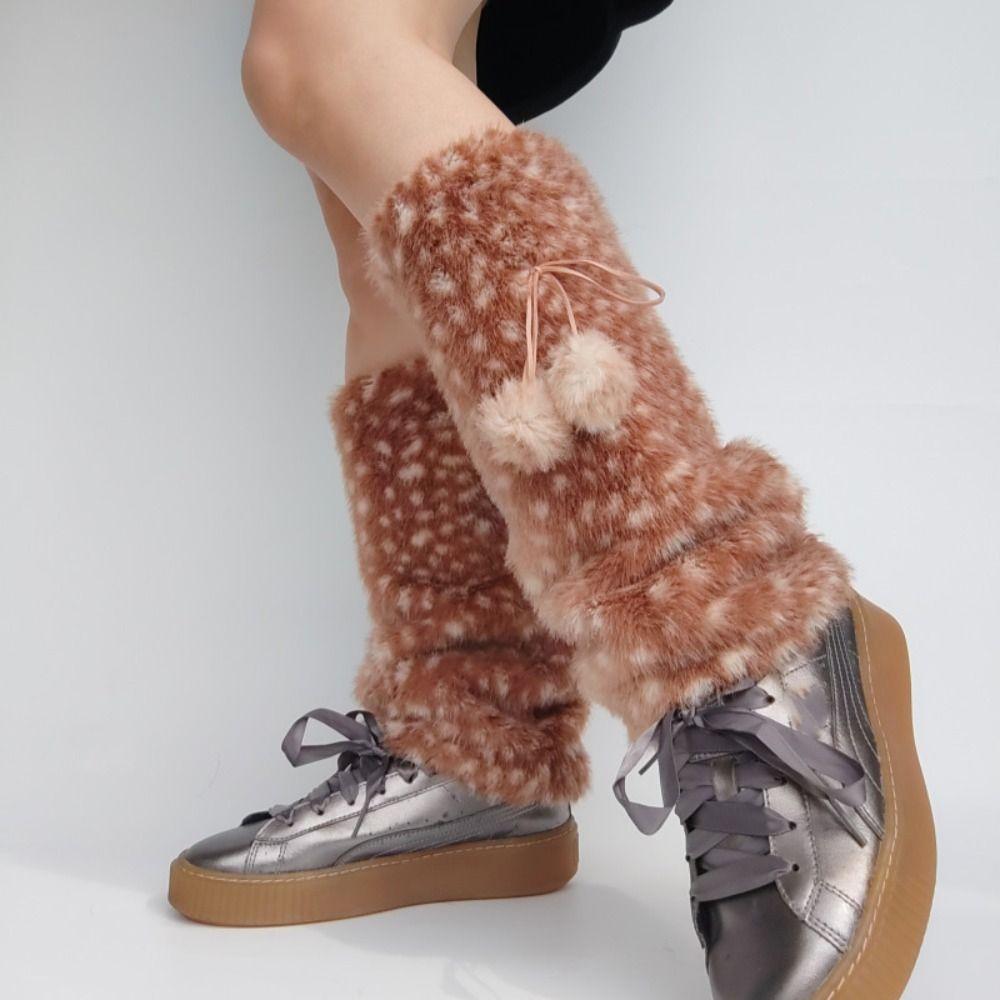 Foot Cover Y2K Faux Fur Leg Warmers Fawn Dot Fur Ball Lolita Boots Cover Kawaii Sweet Mid-calf Socks Spicy Girls