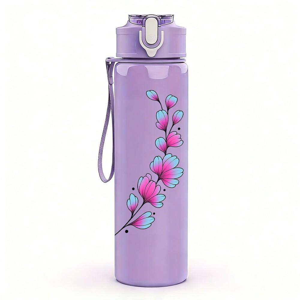 1PC Purple Lavender Branch Print 750ml Color Plastic Sports Water Bottle Leakproof Flip Straw Lid Suitable for Sports Office Home Use