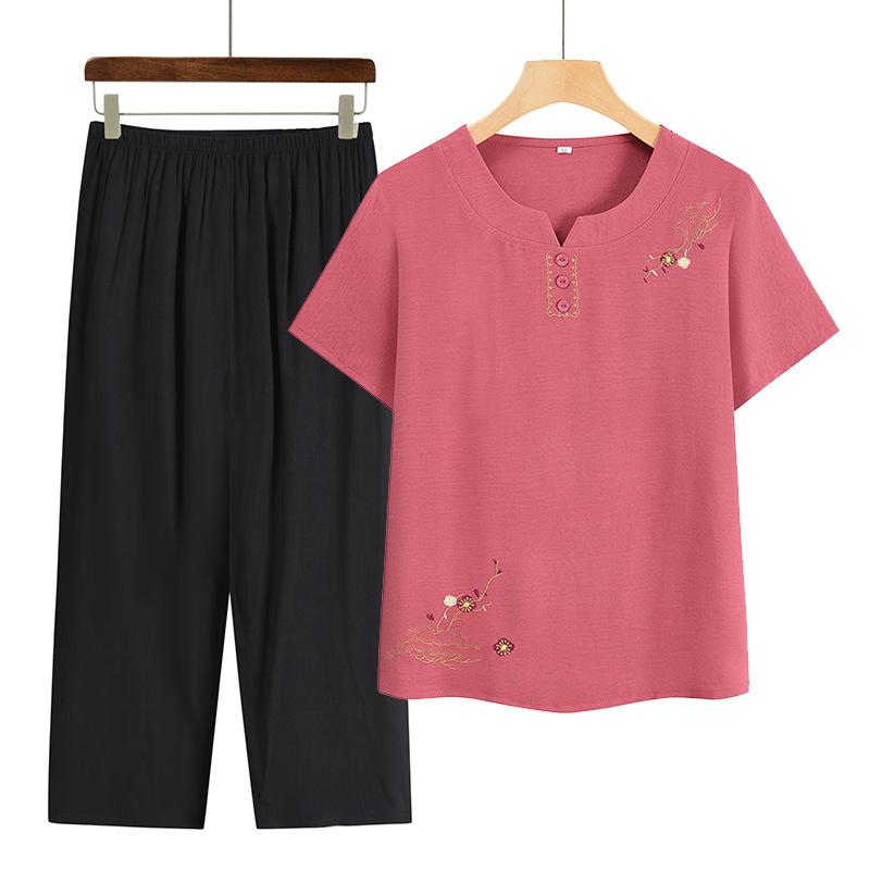 Middle-aged and Elderly Spring and Summer Clothing Casual Thin Short-sleeved + Seven Trousers Two Piece Suit