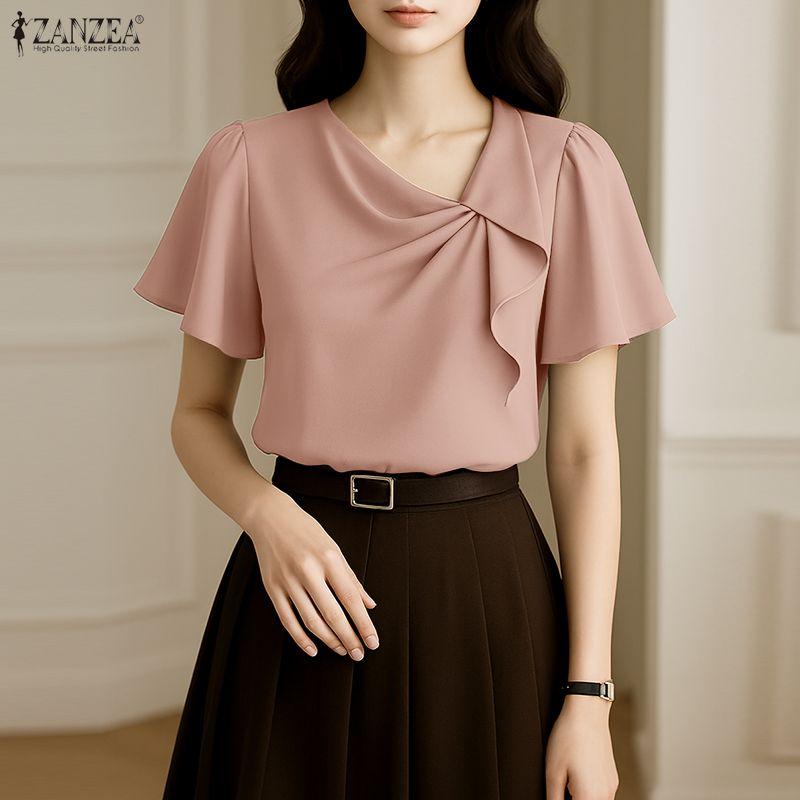 ZANZEA Women Casual Irregular Collar Solid Color Loose Short Sleeve Blouse
