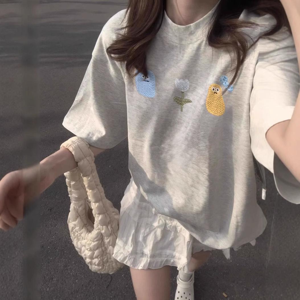 

Women s Gray Petite Flower Cotton T-Shirt - Unique Summer Short Sleeve Design XL хизер серый