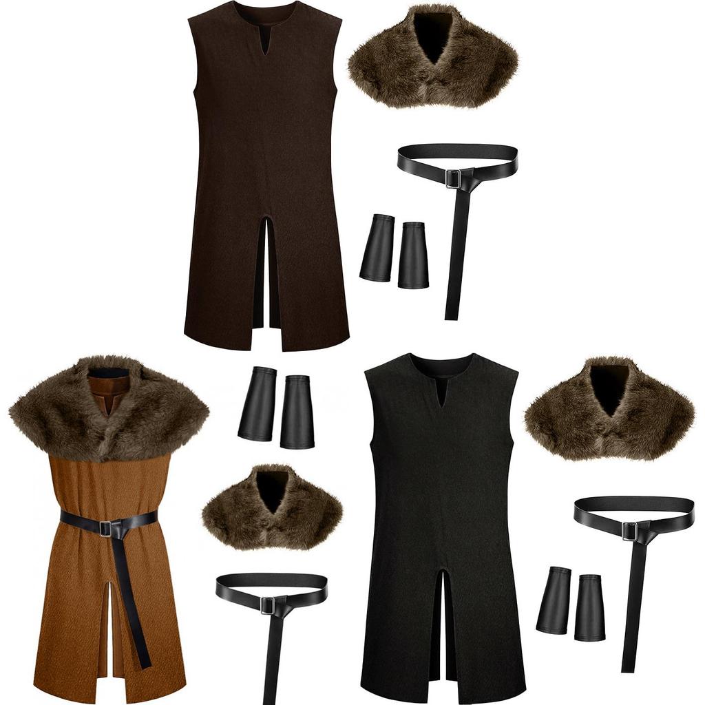 Medieval Knight Costume With Faux Fur Collar For Cosplay And Halloween Role Play