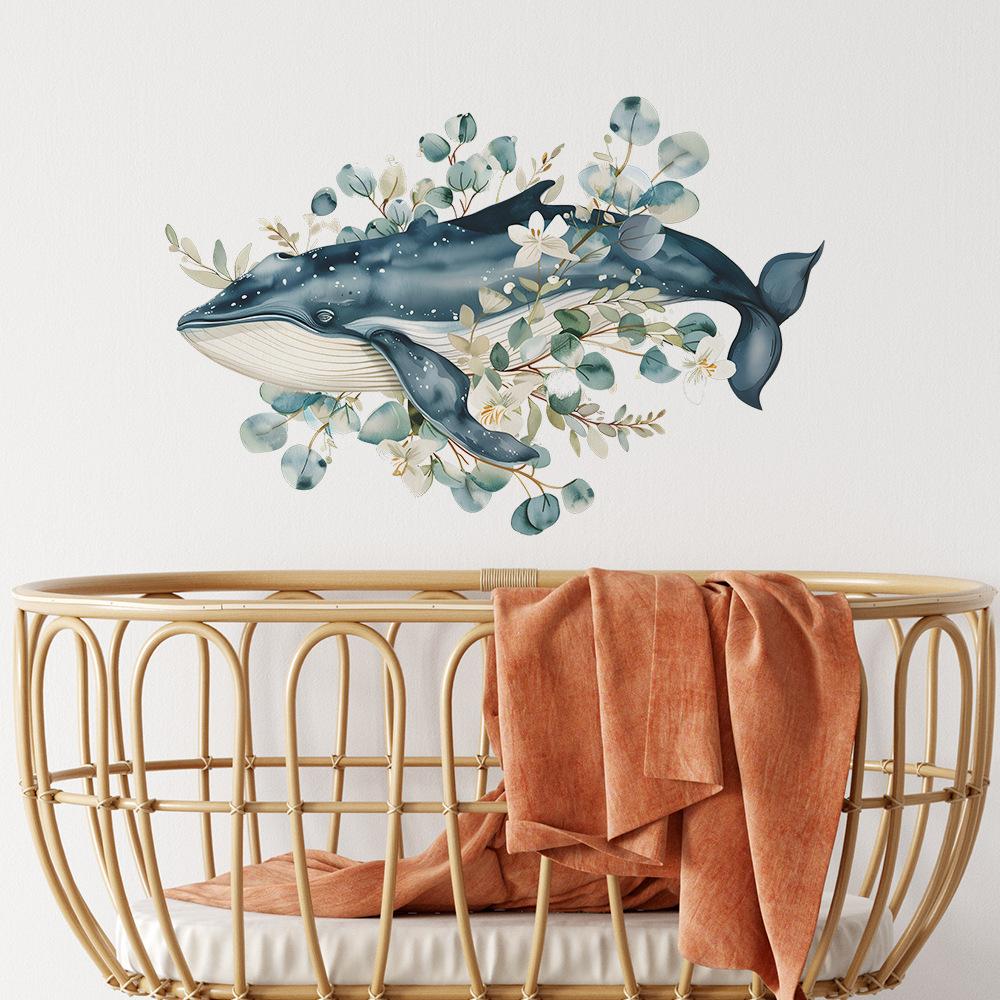 Cartoon Hand-Painted Whale Flower Leaf Wall Sticker Self-Adhesive for Bedroom Living Room Wall Decoration