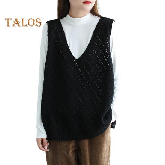 

Весна Осень Женский Жилет Вязаный Свитер Ретро V-образный Вырез Свободный Без Рукавов Однотонный Пуловер Ажурный Ромбовидный Текстурный Топ Повседневная Одежда чёрный