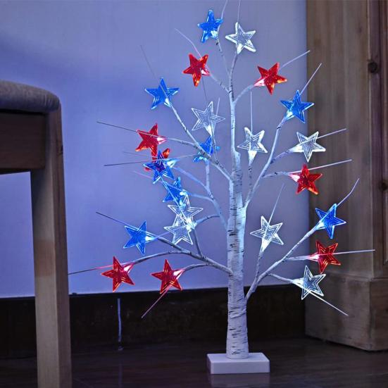 4th of July Decorative Lights Patriotic Tree Ornaments 18 Inch Tabletop Decor with 24 Red White Blue LED Star Lights