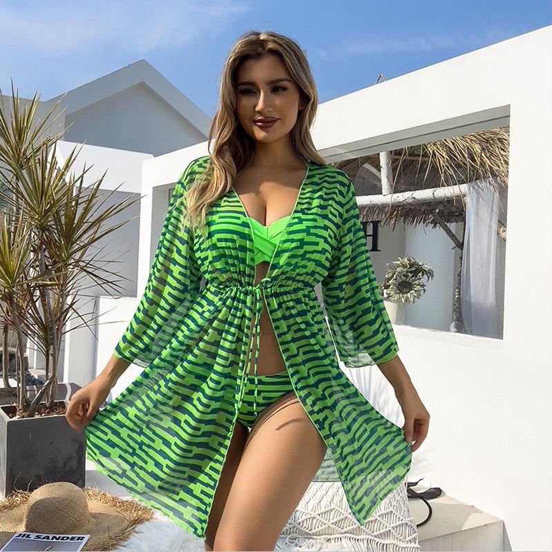 Women's Fashion Sexy 3 Pieces Sun Protection Swimwear Set Push Up Lace Up Back Top Briefs Long Sleeves Mesh Cover-Up Swimsuit Printed Bathing Suit