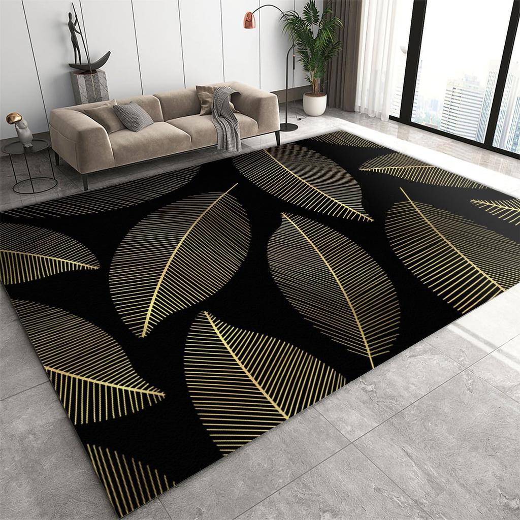 Abstrakt Schwarz Gold Pflanze Blatt Teppich Kunstdruck Design Teppiche für Schlafzimmer Nachttisch Rutschfest Zuhause Sofa Couchtisch Dekor Fußmatte