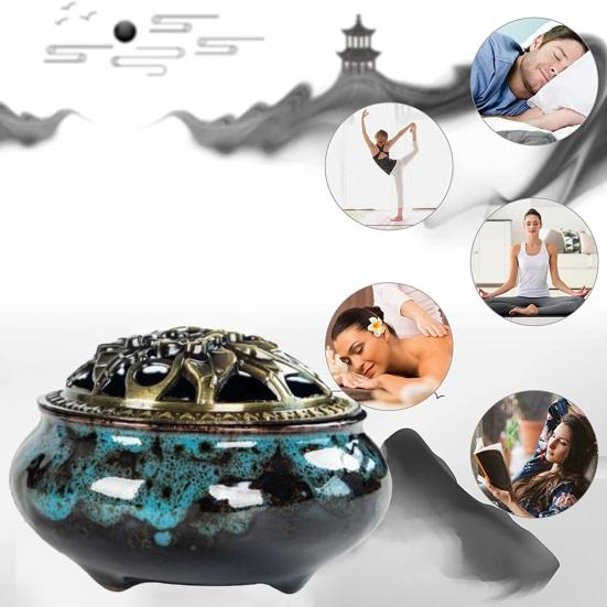Incense Burner with Lid Hollow Top Slow Smoke Fireproof Heat Resistance Ice Crack Pattern Peaceful Mind Censer Burner Living Room Supply