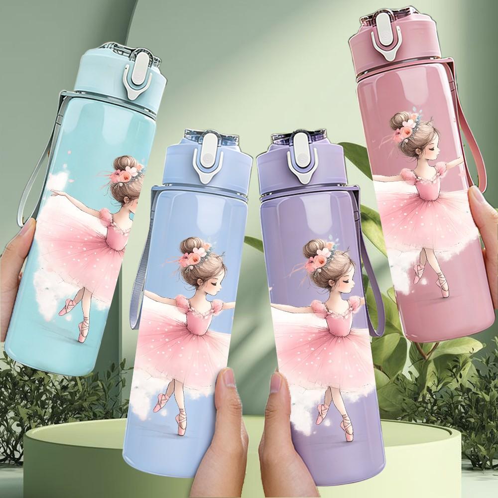 1PC Soft Pink Ballerina Dancing Girl Print 750ml Color Plastic Sports Water Bottle Leakproof Flip Straw Lid Suitable for Sports Office Home Use