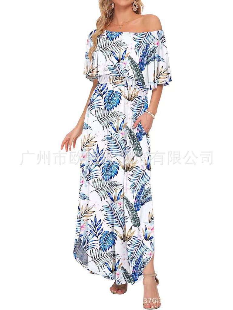 Summer new printed one-word shoulder short-sleeved long dress