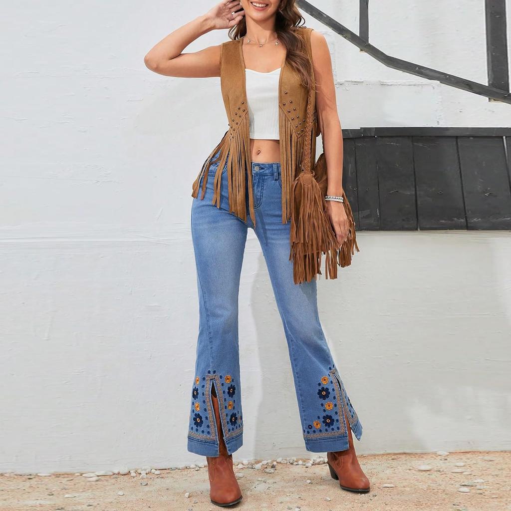 Damenweste, Ärmellos Offen Vorne Genietet Quasten-Oberbekleidung Gilet für Lässig Straße