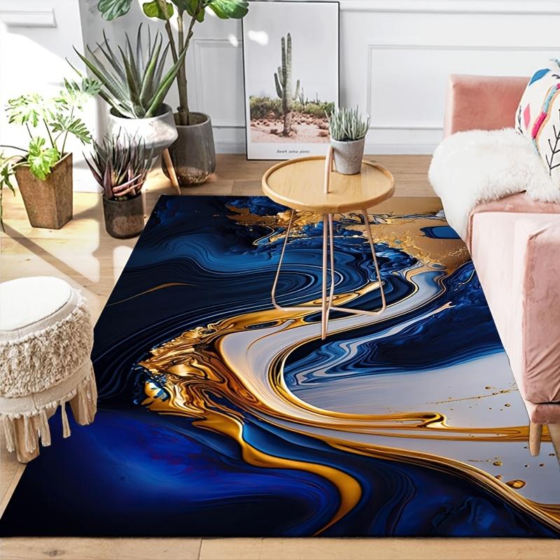 Crystal velvet blue marble pattern non-slip area carpet-suitable for living room, bedroom, family room decorative floor mat