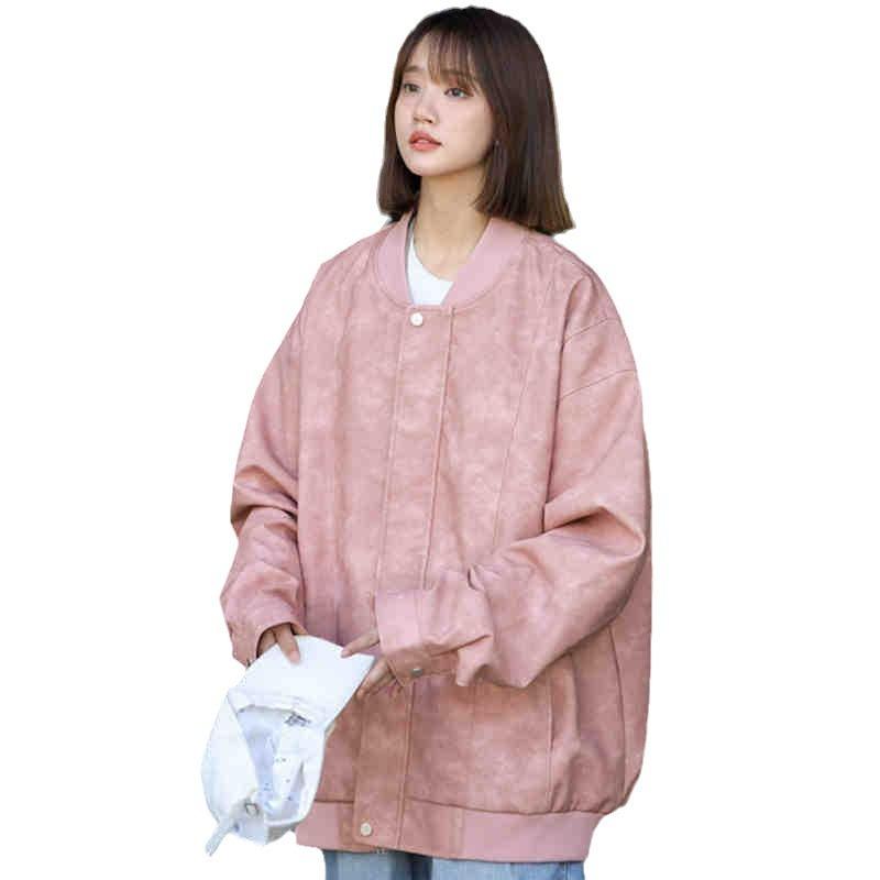Japanese Washing PU Leather Jacket for Women's Coat for Spring and Autumn New American Versatile Baseball Uniform Leather Jacket