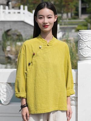 Einfarbig Retro Platte Schnalle Stehen Baumwolle Leinen Hemd Herbst Winter Neue Lose Bequeme Frauen Tops