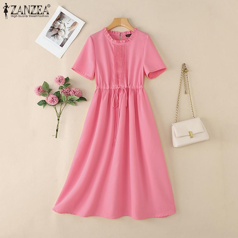 ZANZEA Women Casual Round Neck Solid Color Summer Short Sleeve Dress