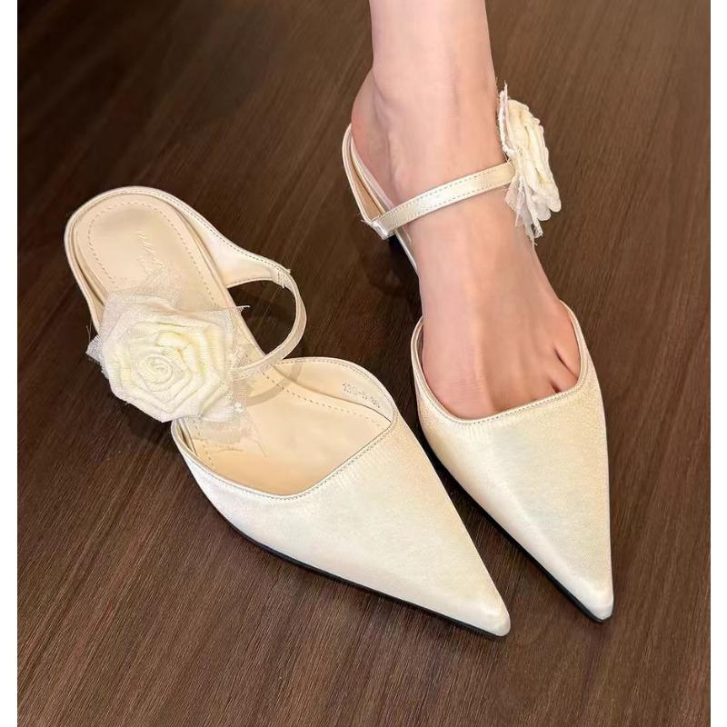Women's Flower Slippers Pointed Toe Thin Heels Satin Cover Toe High Heel Dress One Kick Mature Elegant Zapatillas De Mujer