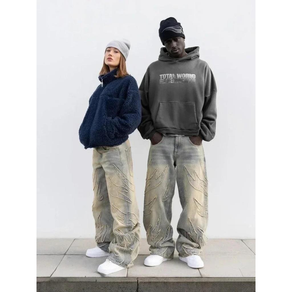 STREETRICH American New Fashion Patch Baggy Casual Jeans for Men and Women Y2K High Street Harajuku High Waist Wide Leg Denim Trousers