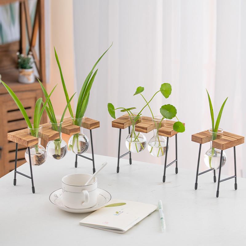 

Стеклянная гидропонная ваза с деревянной подставкой для потоса и цветочных композиций Small Wooden Stand Foam + Box Packaging