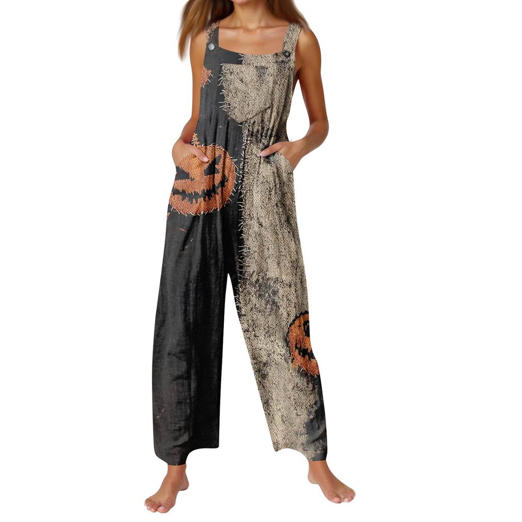 Women's Fashion Halloween Print Casual Vintage Sleeveless Button Jumpsuit