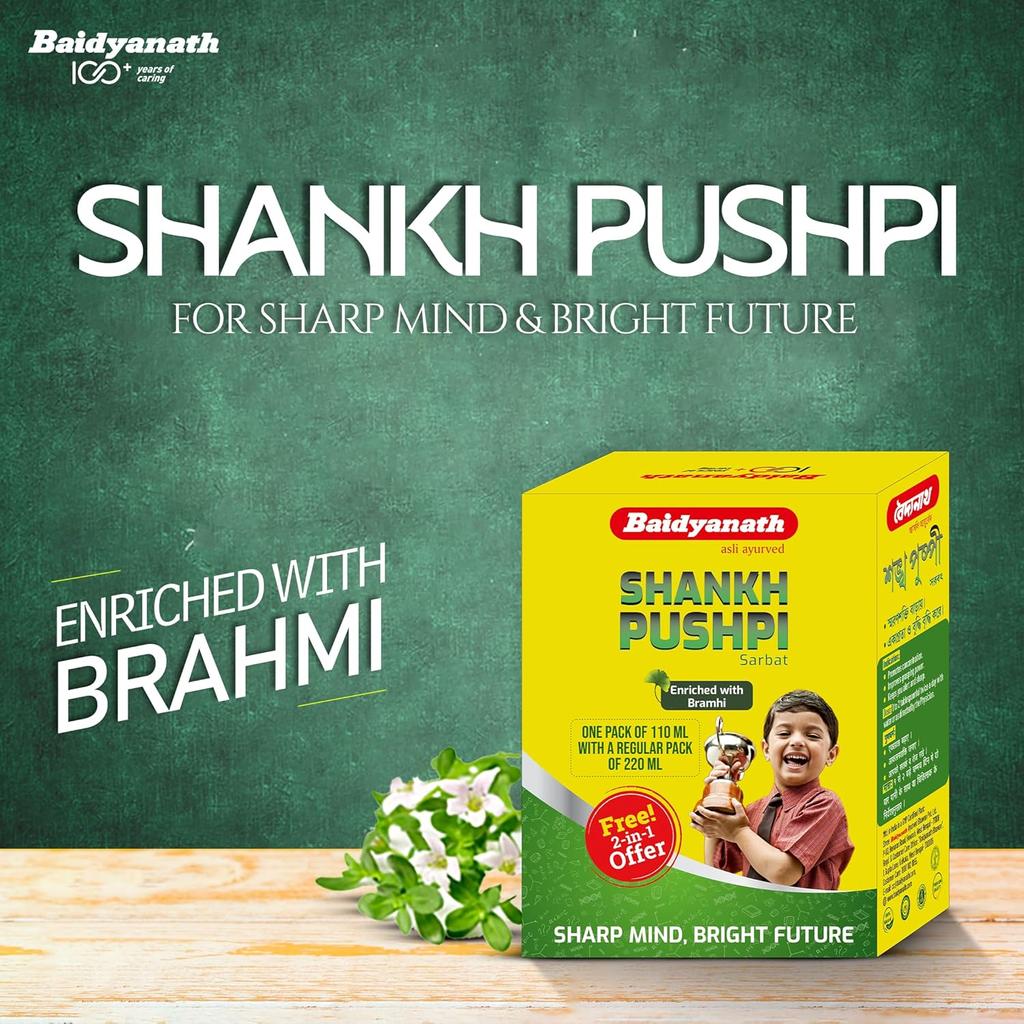 Baidyanath Shankhapushpi Sharbat 220 ml + Free 110 ml X Pack of 2 | Herbal Brain Tonic For Focus, Memory & Mental Alertness