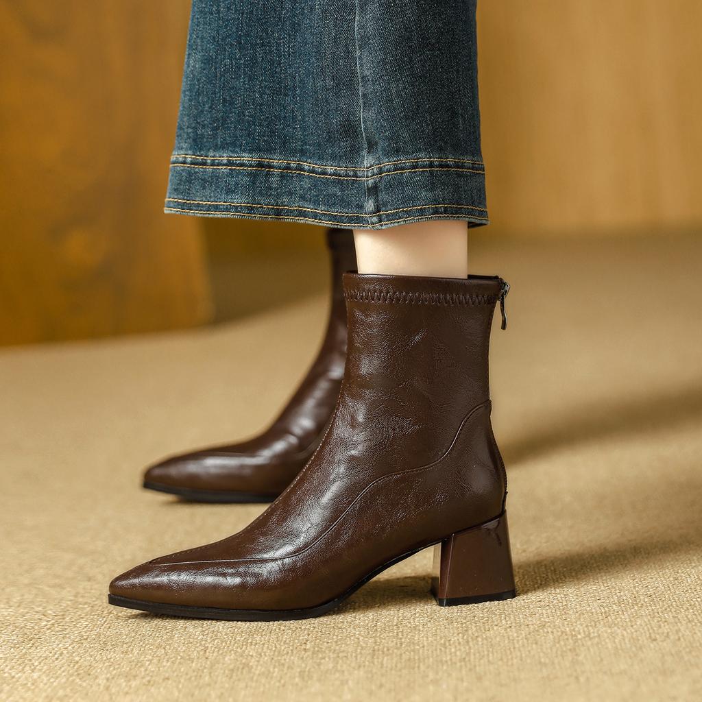 High Heel Short Boots Coarse Heel Pointed Skinny Boots Brown Fleece Winter Boots Medium Boots