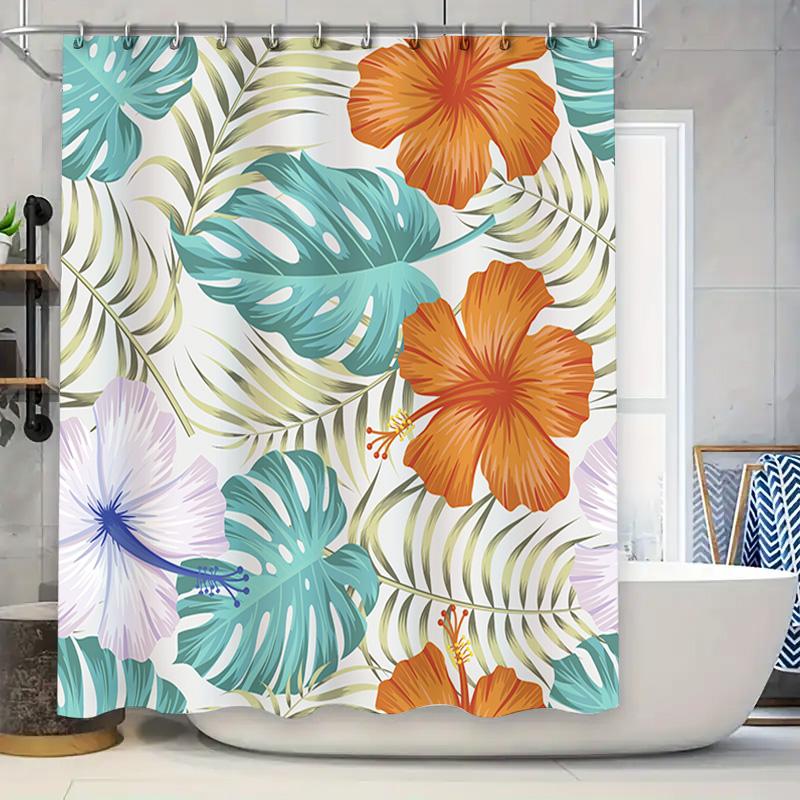 Modern Bathroom Shower Curtains with Bright Floral Design Waterproof Fabric for Bathtub Decoration in Blue Green Orange White Pu
