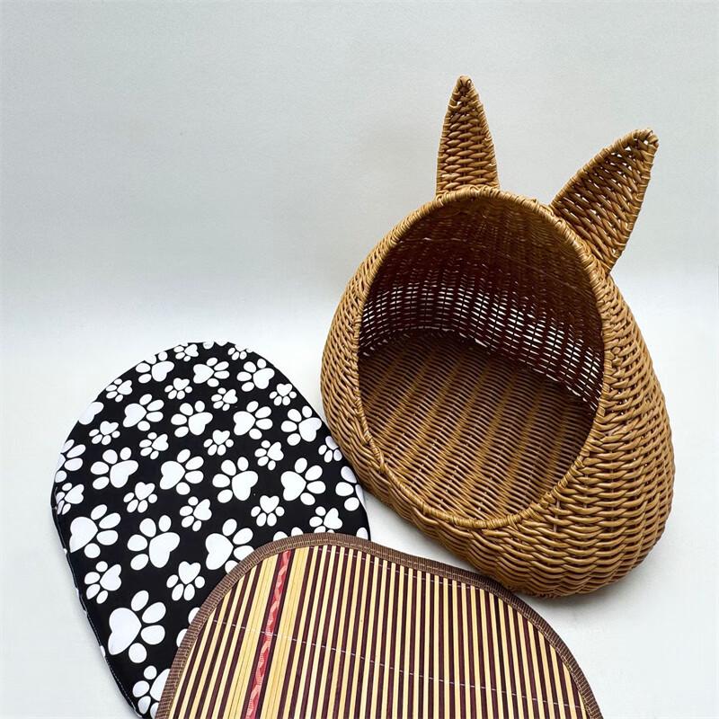 Washable All-Season Wicker Cat Ear Pet Bed